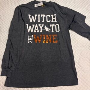 Womens Witch Way To The Wine Long Sleeve Dark Grey Halloween Tee T-Shirt